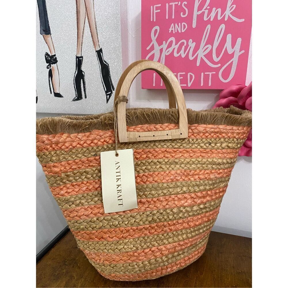 Antik Kraft Stripe Peach Jute Beach Tote Purse